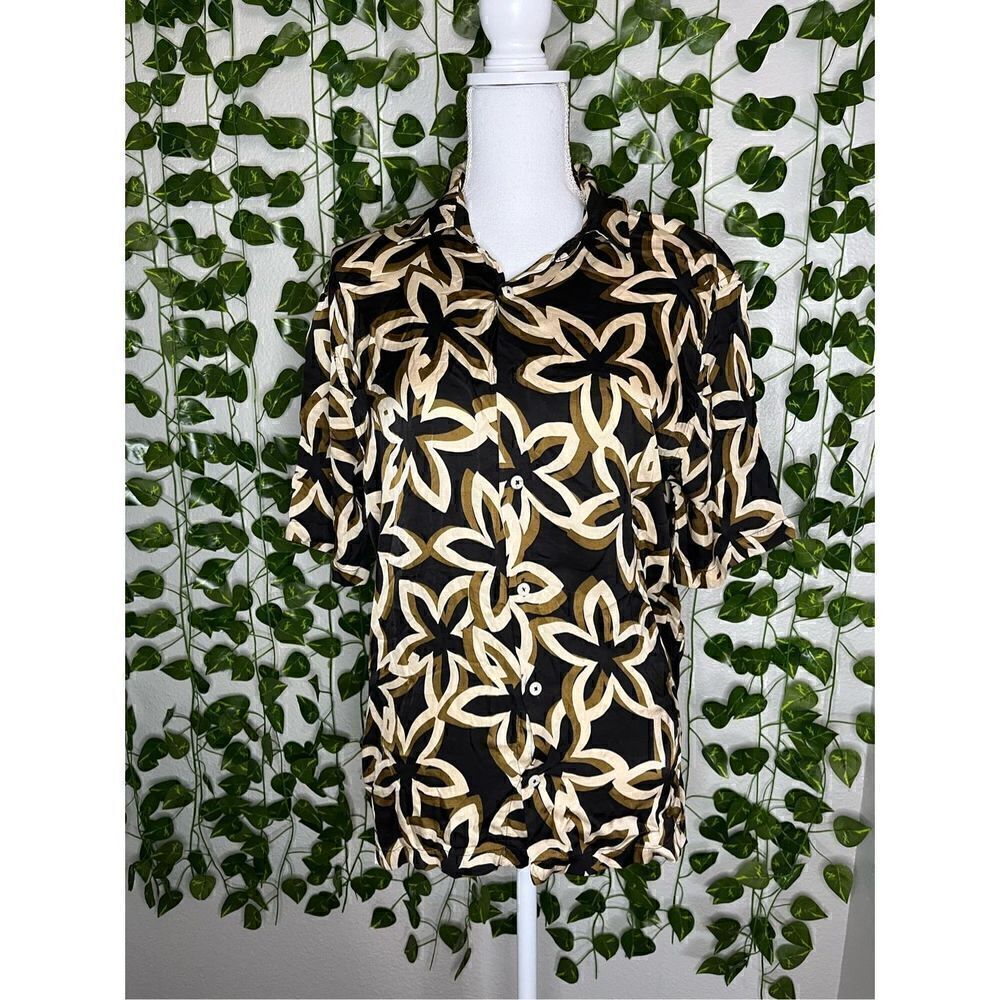 Zara Black Tan Regular Fit Floral Short Sleeves Hawaiian Shirt Size Small